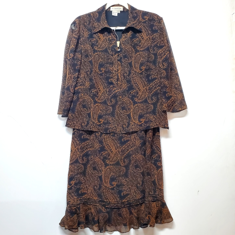 Vtg M.Boutique Silk Amber Paisley‎ Skirt Set RARE Womens 12 Partial Button Front